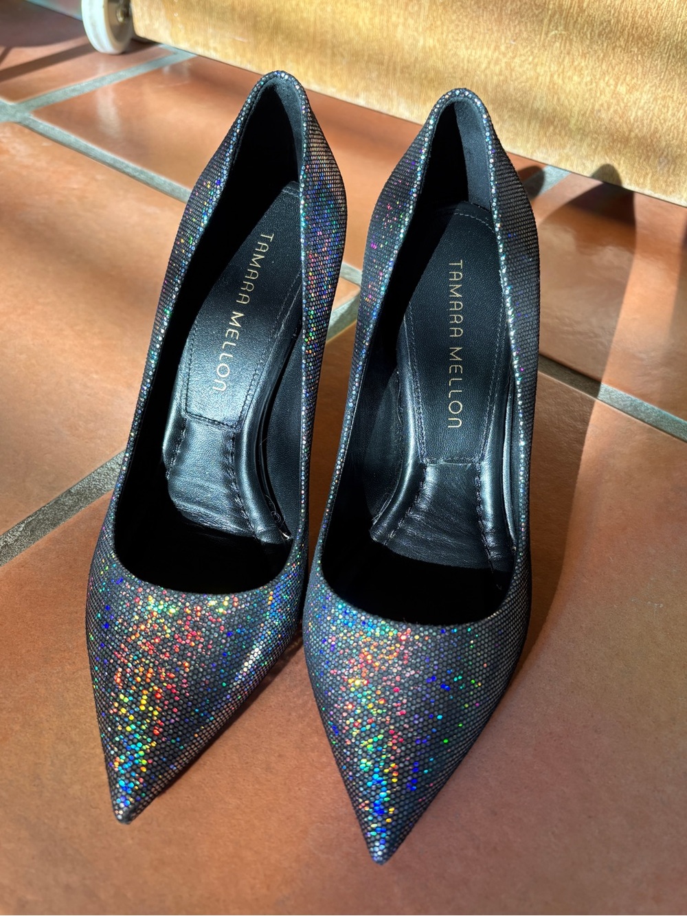 Tamara Mellon Limelight Disco Ball Heels 37 made in italy sparkly silver rainbow